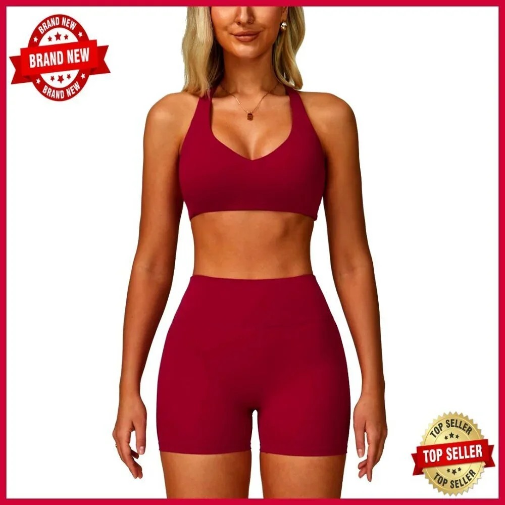 V-Neck Racerback Sports Bra High Waist Biker Shorts 2-Piece Workout Set